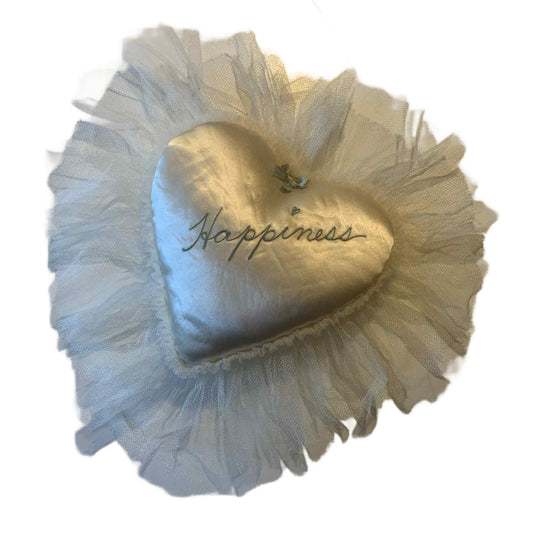 Something Old, Something Blue- "Happiness" Embroidered Satin Heart Shaped Pillow circa 1940s