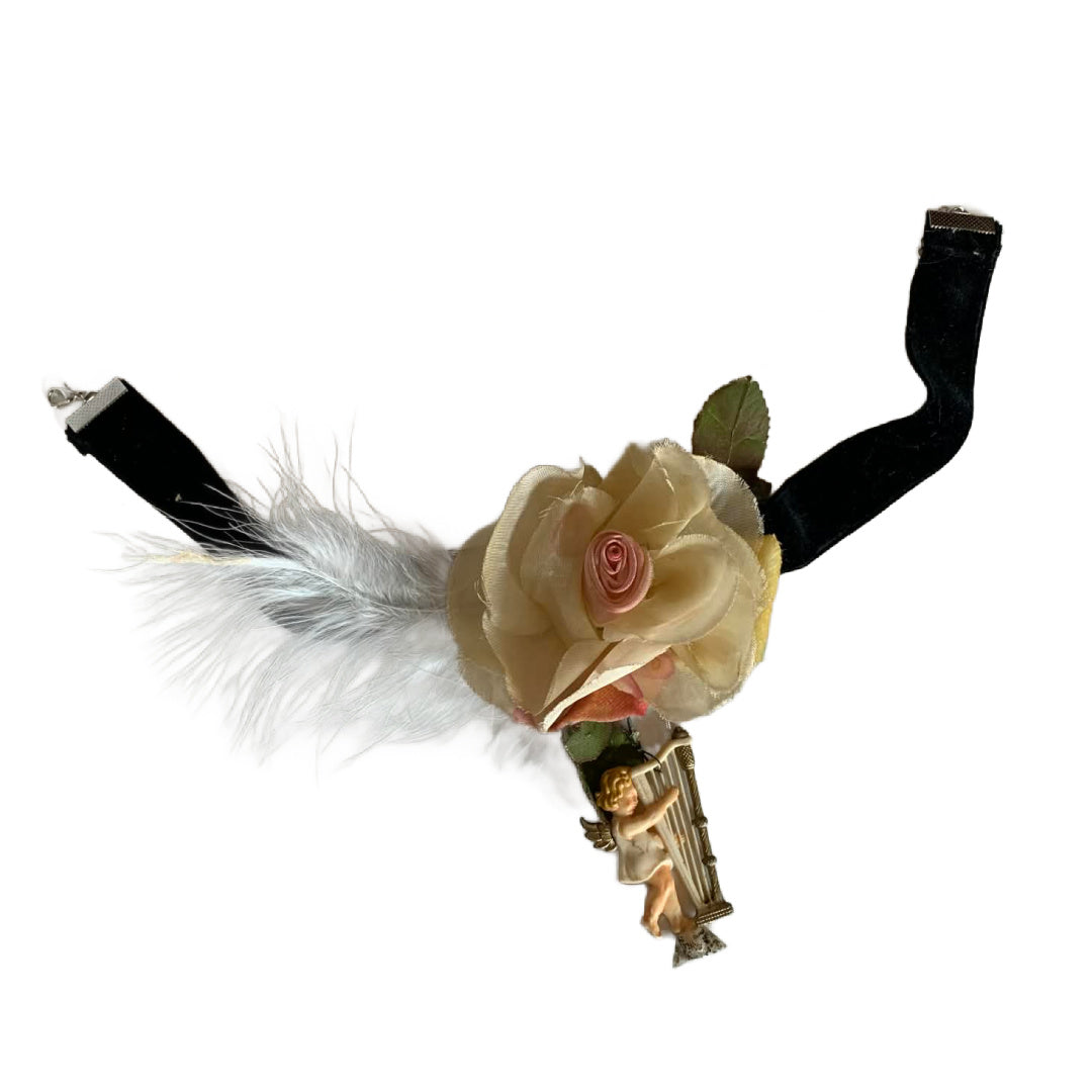 Earthly Delight Reimagined Antique Black Velvet Ribbon Choker with Harp Playing Cherub, Rose and Feather