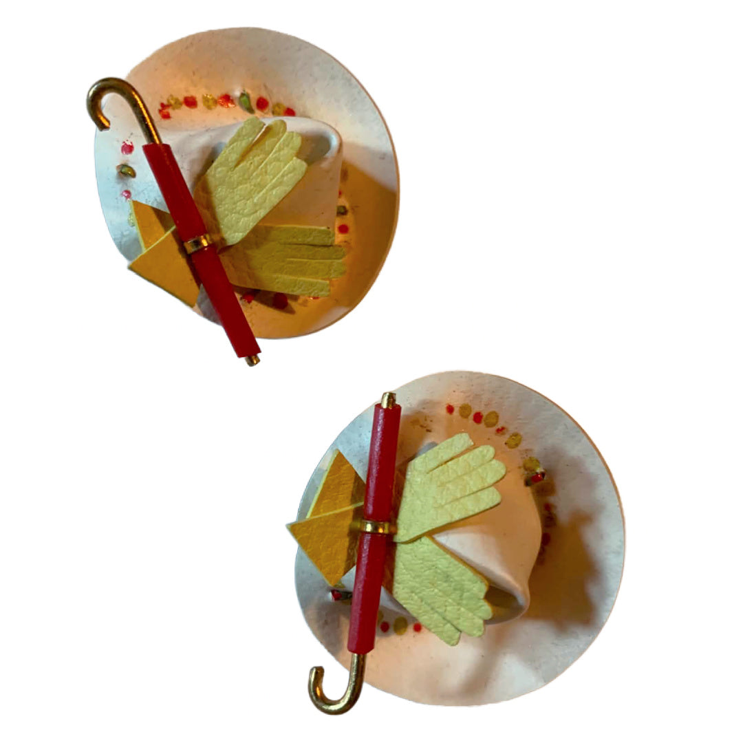 Rare White Leather "Hat" Clip Earrings with Yellow Gloves and Red Umbrella circa 1940s
