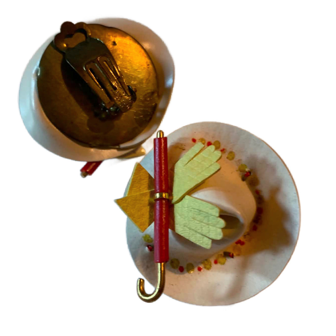 Rare White Leather "Hat" Clip Earrings with Yellow Gloves and Red Umbrella circa 1940s