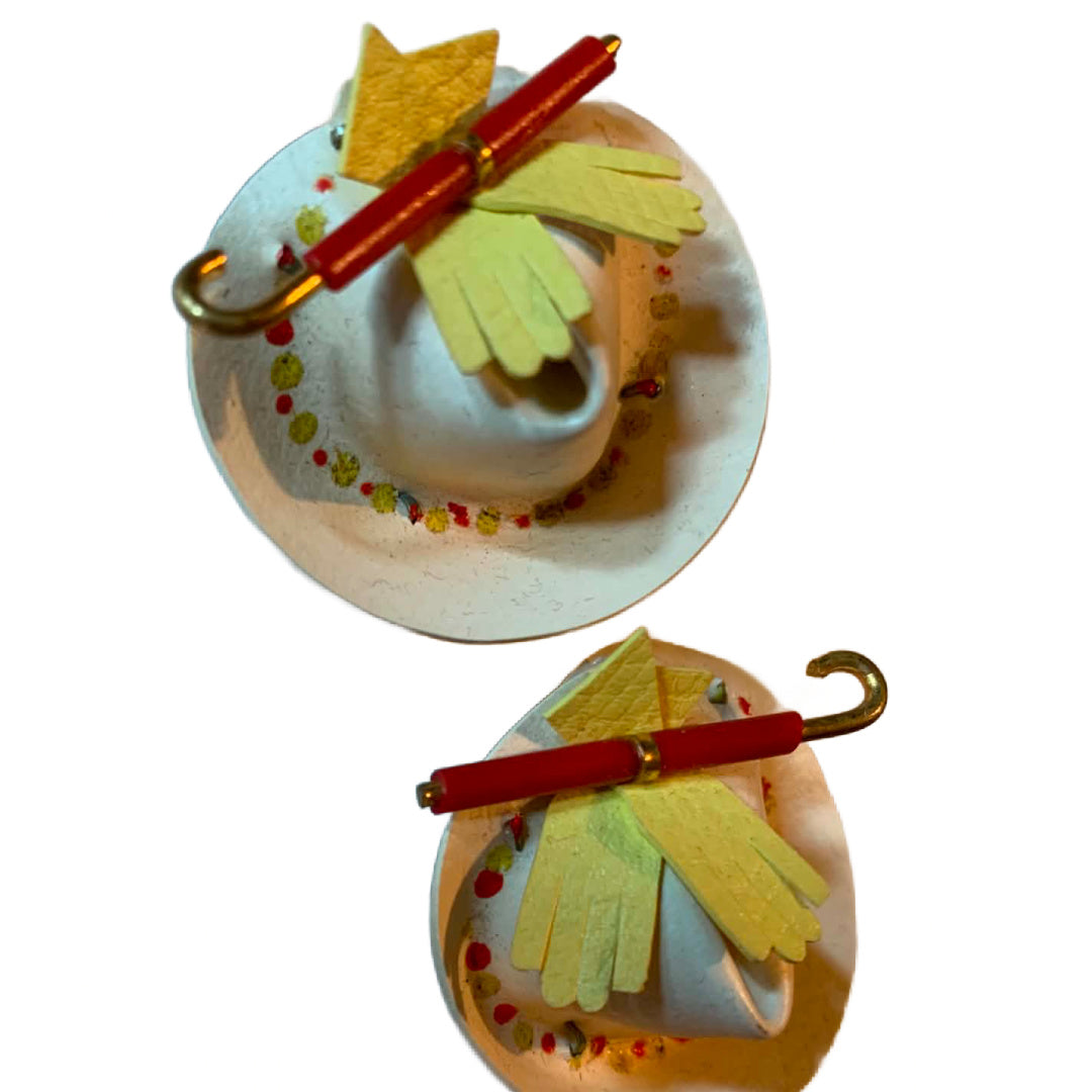 Rare White Leather "Hat" Clip Earrings with Yellow Gloves and Red Umbrella circa 1940s