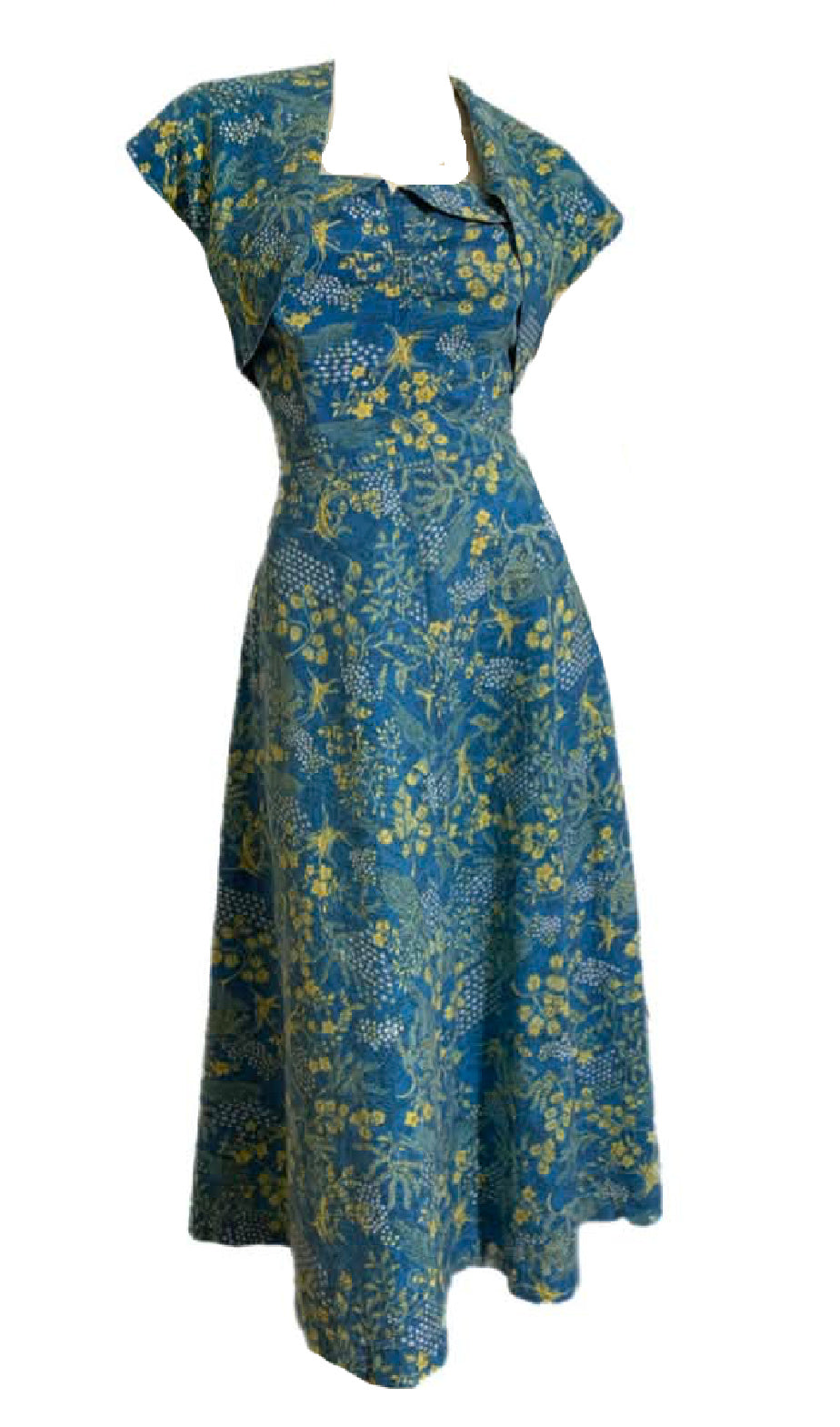 Rare Blue Toile Hawaiian Surf Label Strapless Dress and Bolero circa 1940s