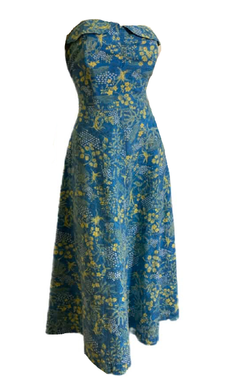 Rare Blue Toile Hawaiian Surf Label Strapless Dress and Bolero circa 1940s