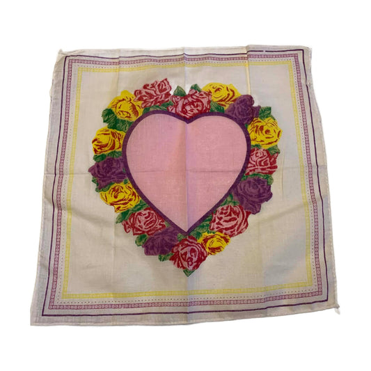 PInk Heart and Roses Crisp Cotton Handkerchief circa 1960s