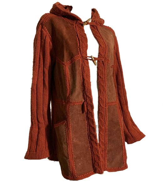 Cinnamon Hooded Sweater with Suede Patchwork Front circa 1970s