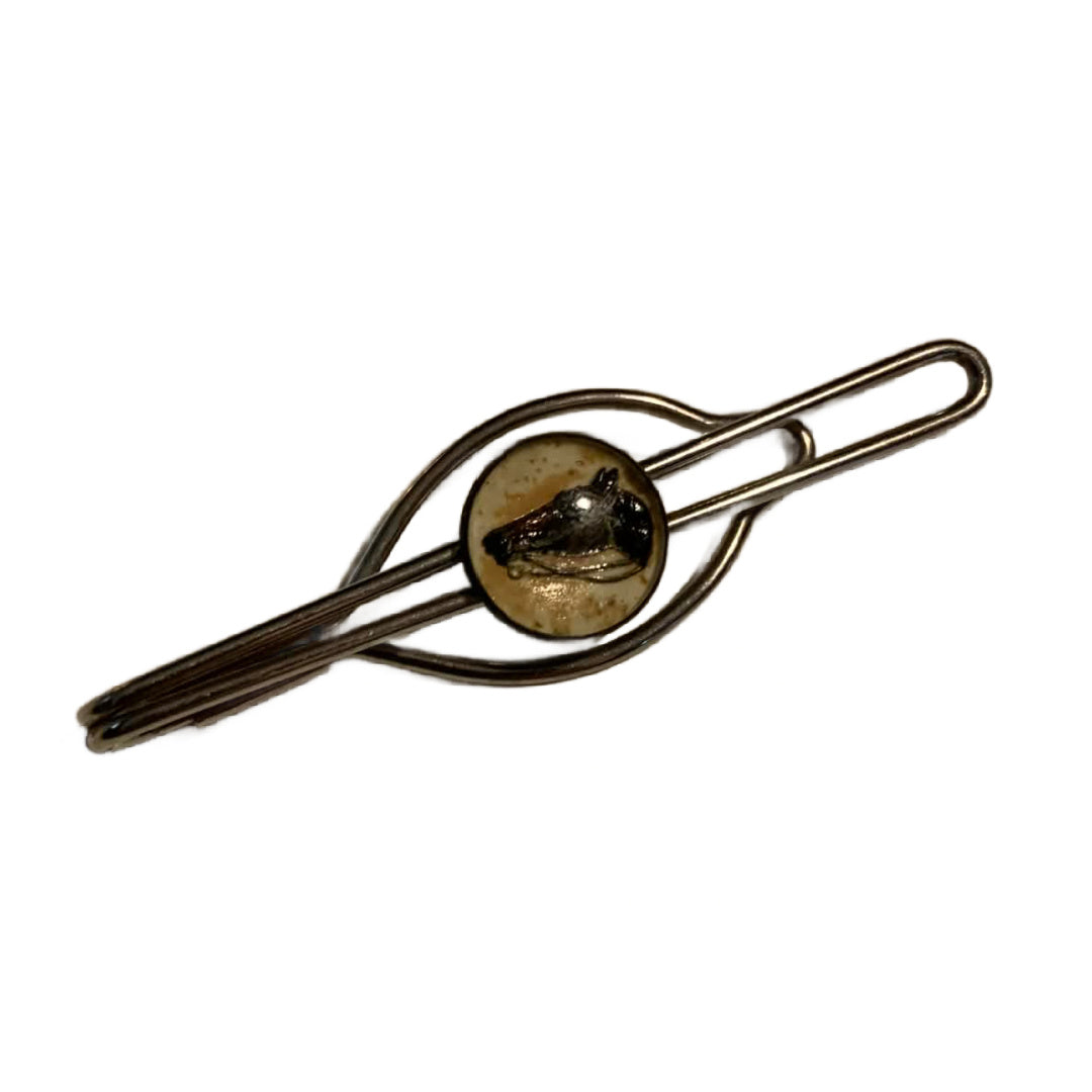 Horsehead Glass Domed Silver Tone Metal Tie Clip circa 1940s