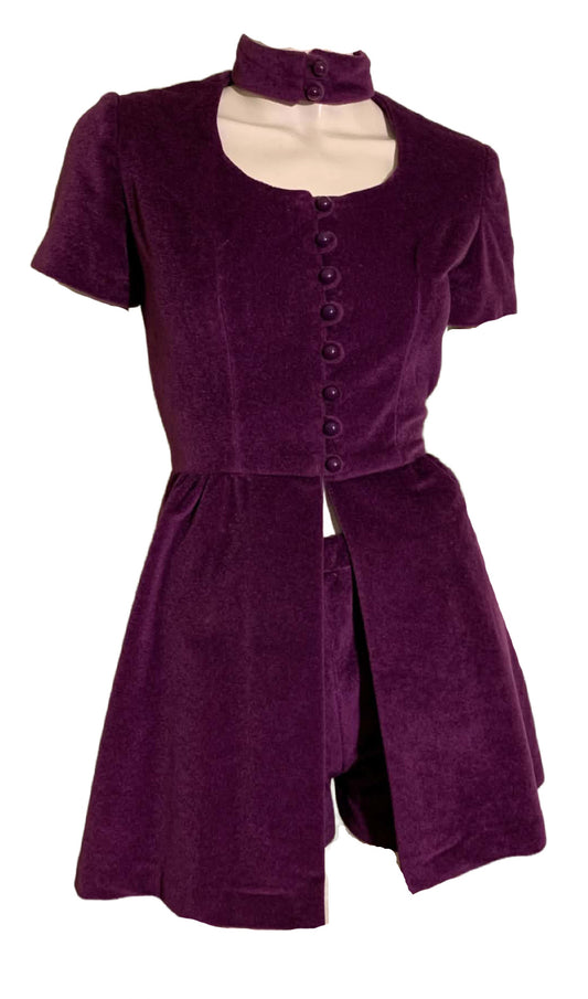 Aubergine Purple Velour Hot Pants and Split Front Mini Dress with Choker Collar circa 1970s