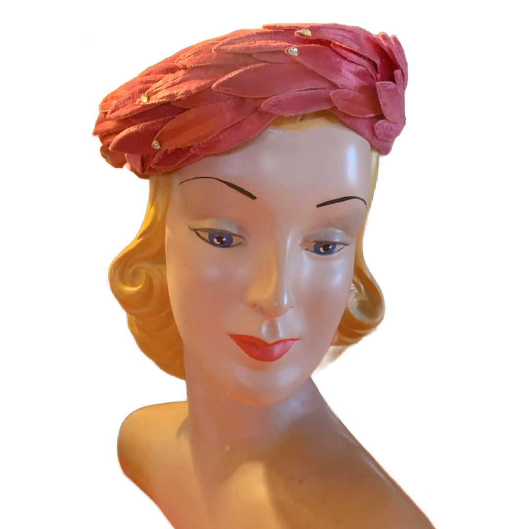 Hot Pink Velvet Short Pill Box Hat with Winged Accent circa 1960s