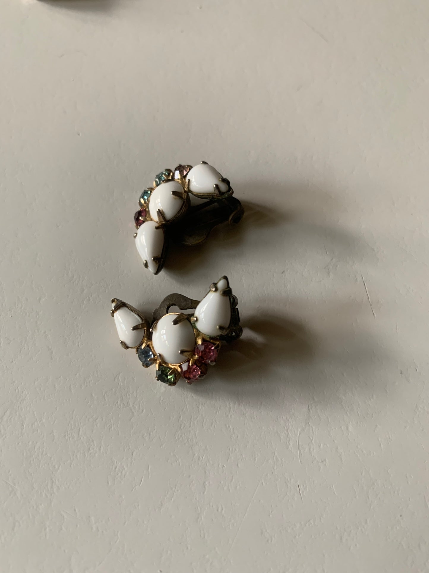 White Glass and Pastel Rhinestone Clip Earrings circa 1950s