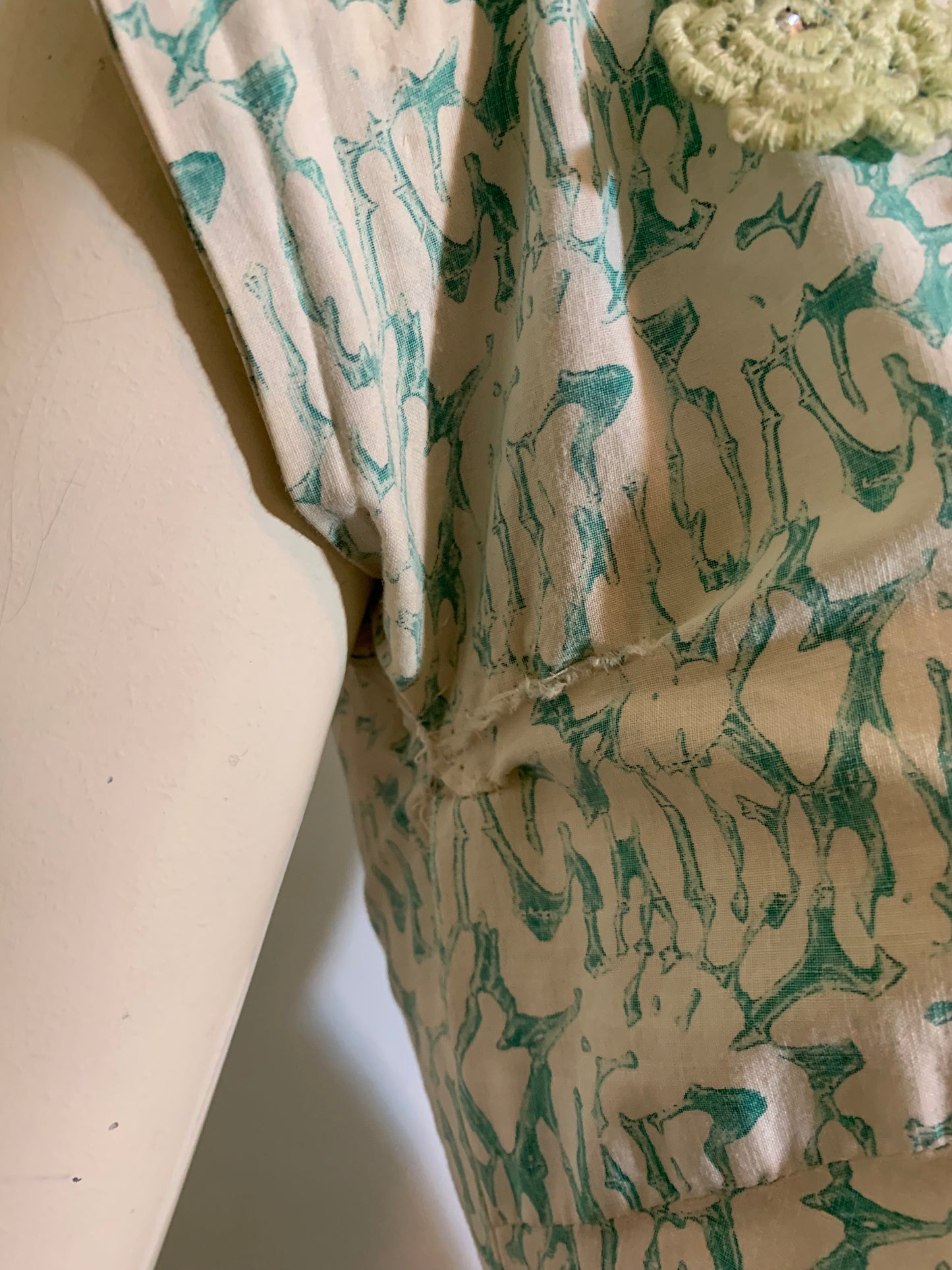 Aqua and Green Abstract Print Lace and Rhinestone Trimmed Dress circa 1950s