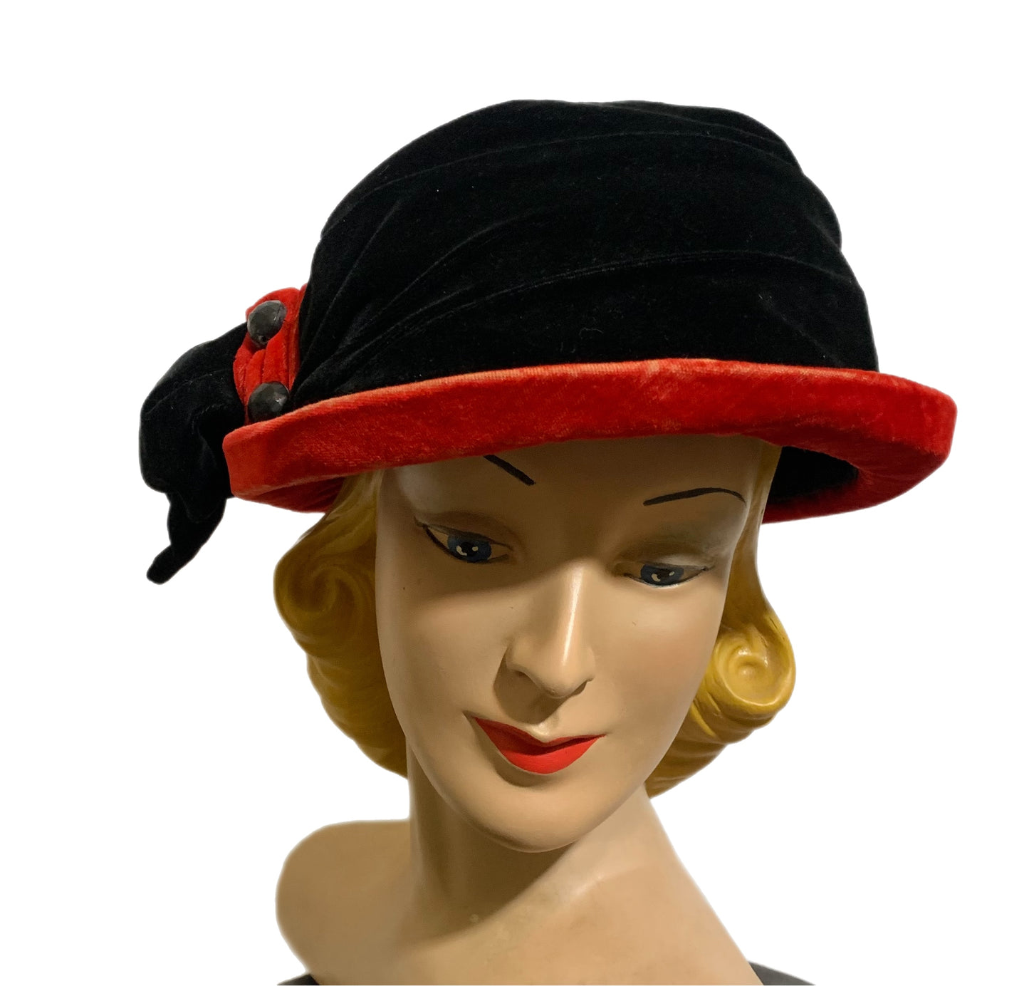 Black Velvet Curved Brim Hat with Tomato Red Accents circa 1910s