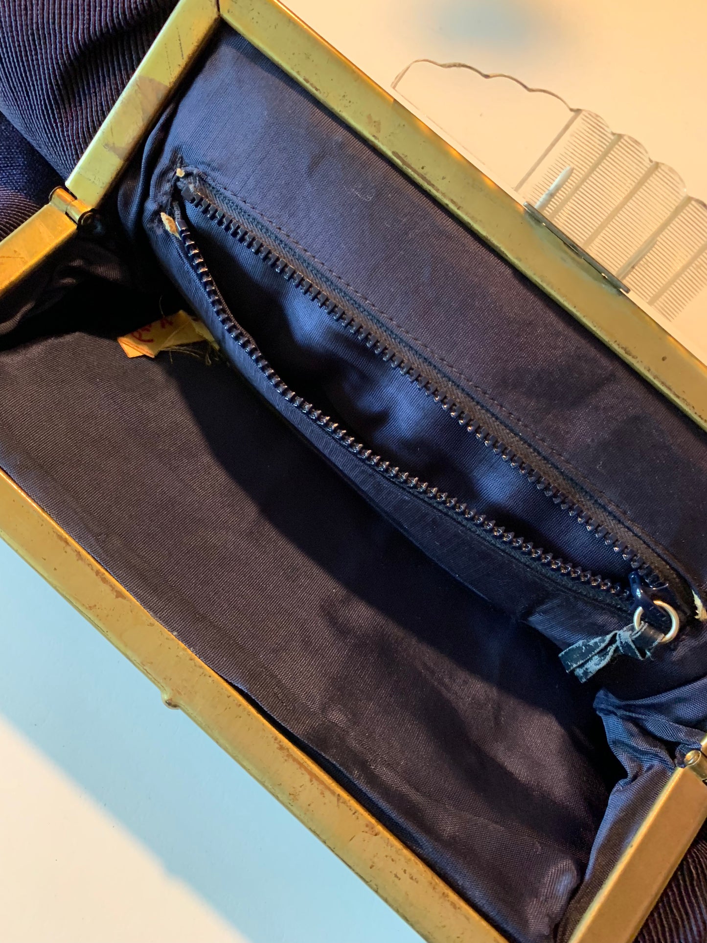 Deep Blue Clutch Style Cordé Handbag Carved Lucite Clasp circa 1940s