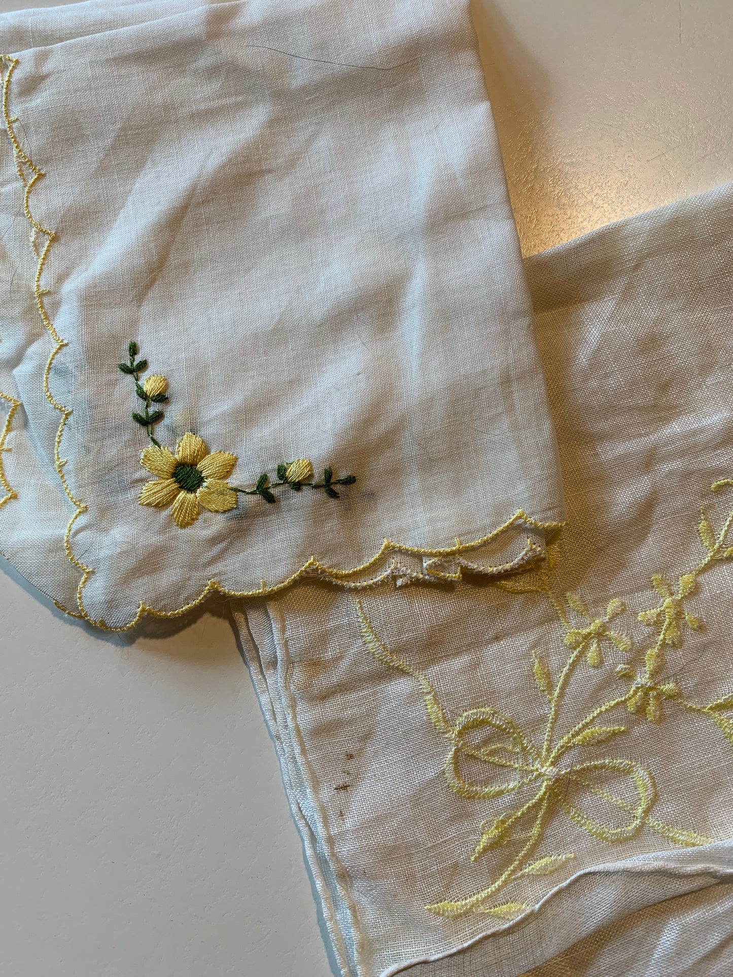 Lot 2 White and Yellow Embroidered Handkerchiefs circa 1940s