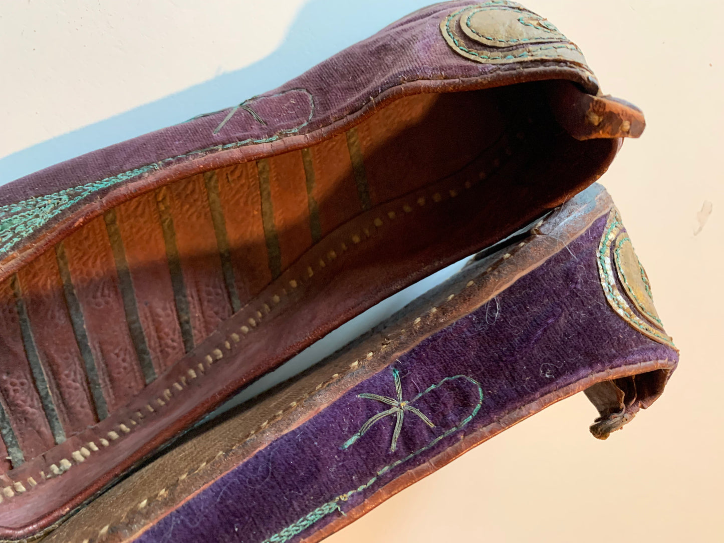 Rare Burmese Purple and Gold Striped Wool Bridal Skirt with 2 Bodices and Ornate Shoes circa 1890s