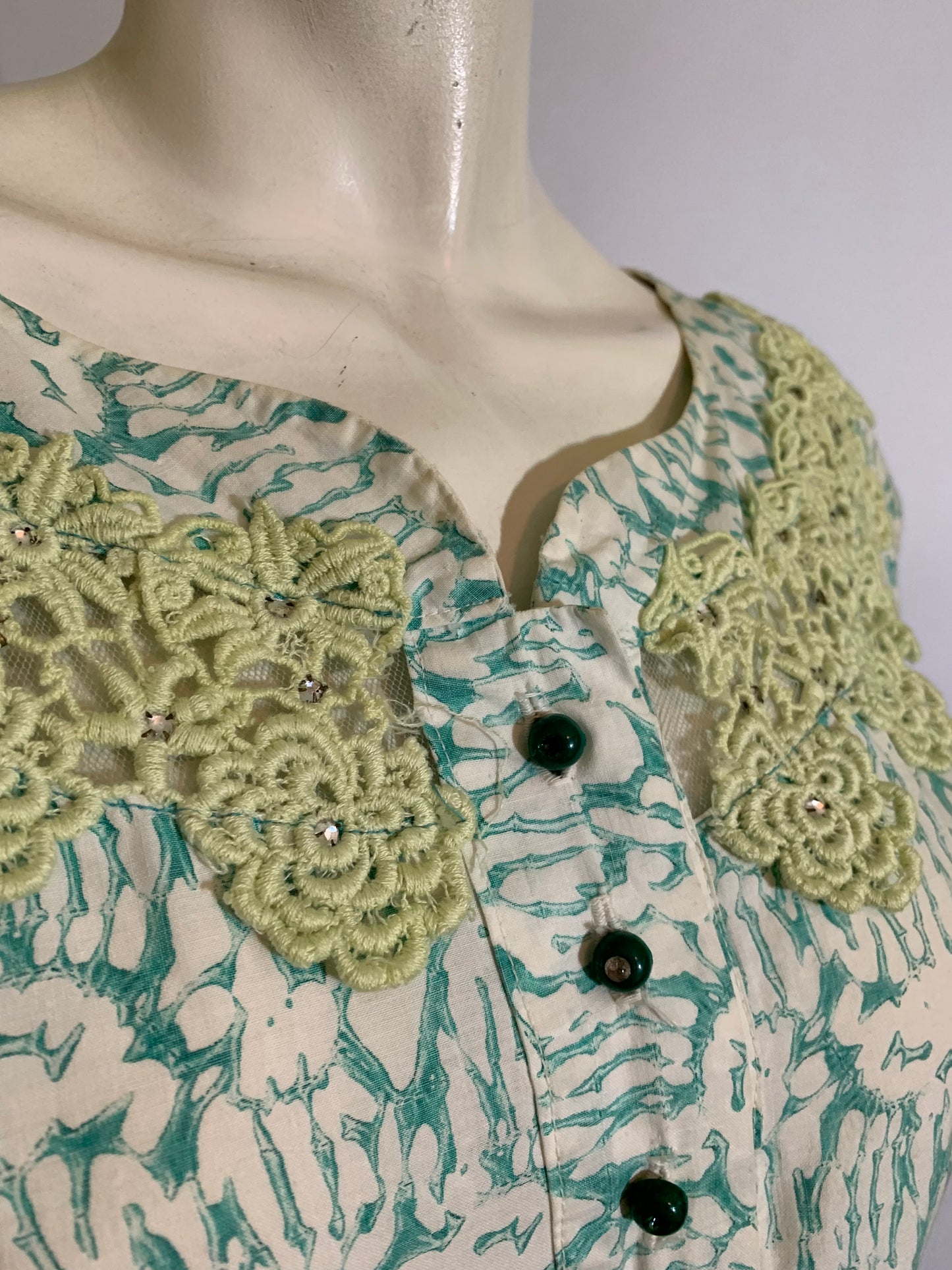 Aqua and Green Abstract Print Lace and Rhinestone Trimmed Dress circa 1950s