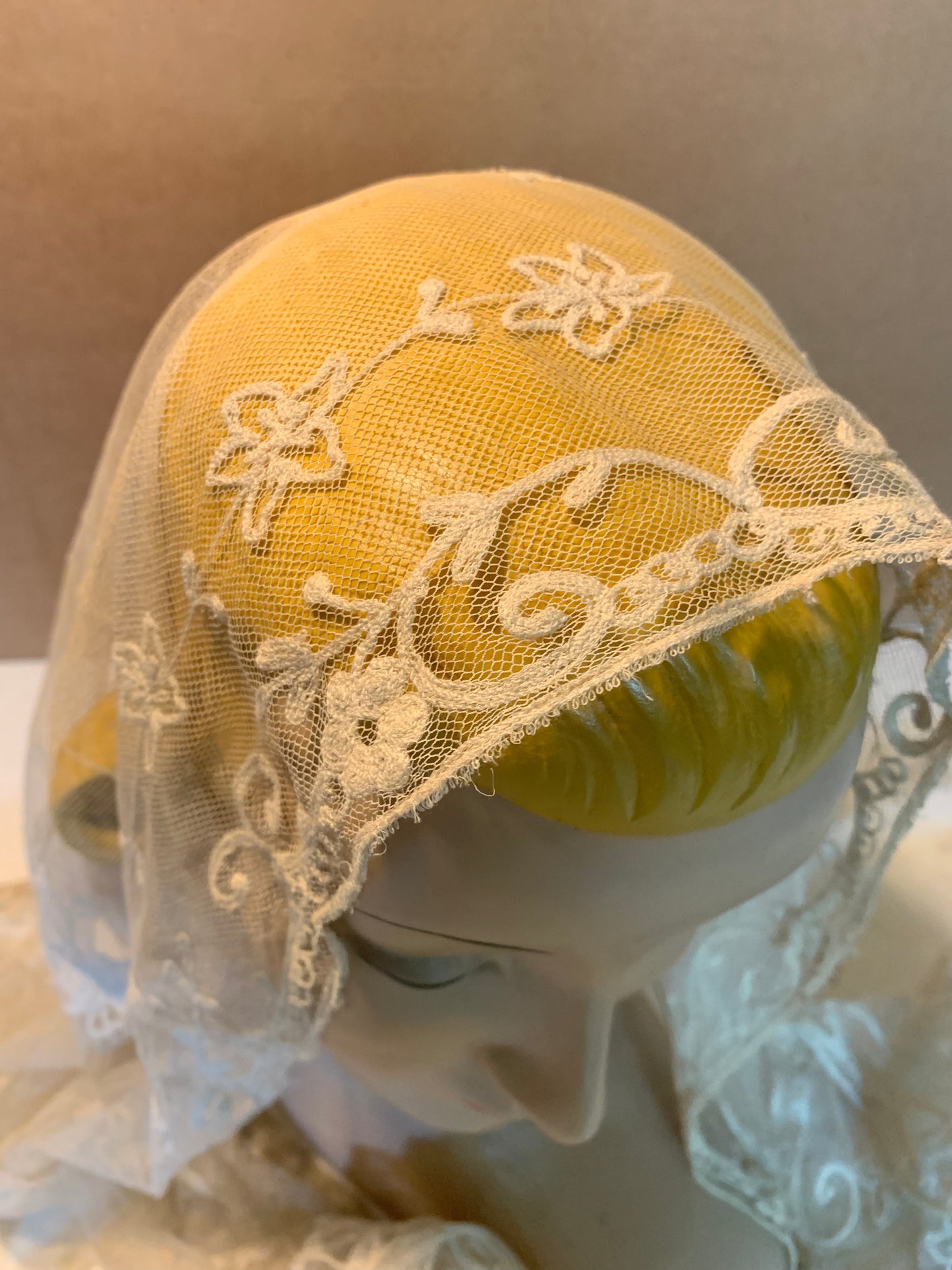 Soft Ivory Embroidered Mesh Lace Shawl or Head Piece circa 1800s