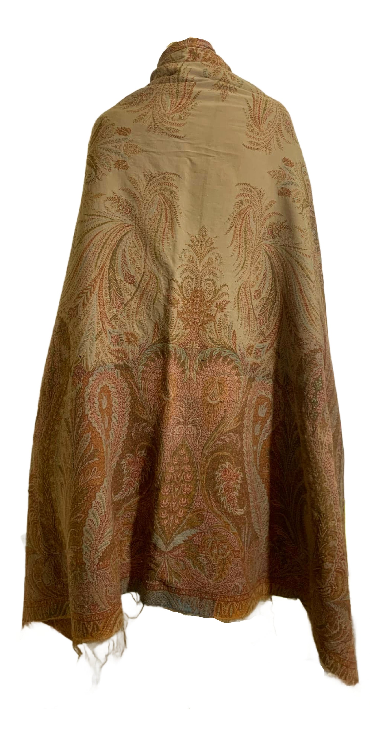 Turn of the Century Sage Green and Terra Cotta Paisley Brocade Wool Shawl circa 1900