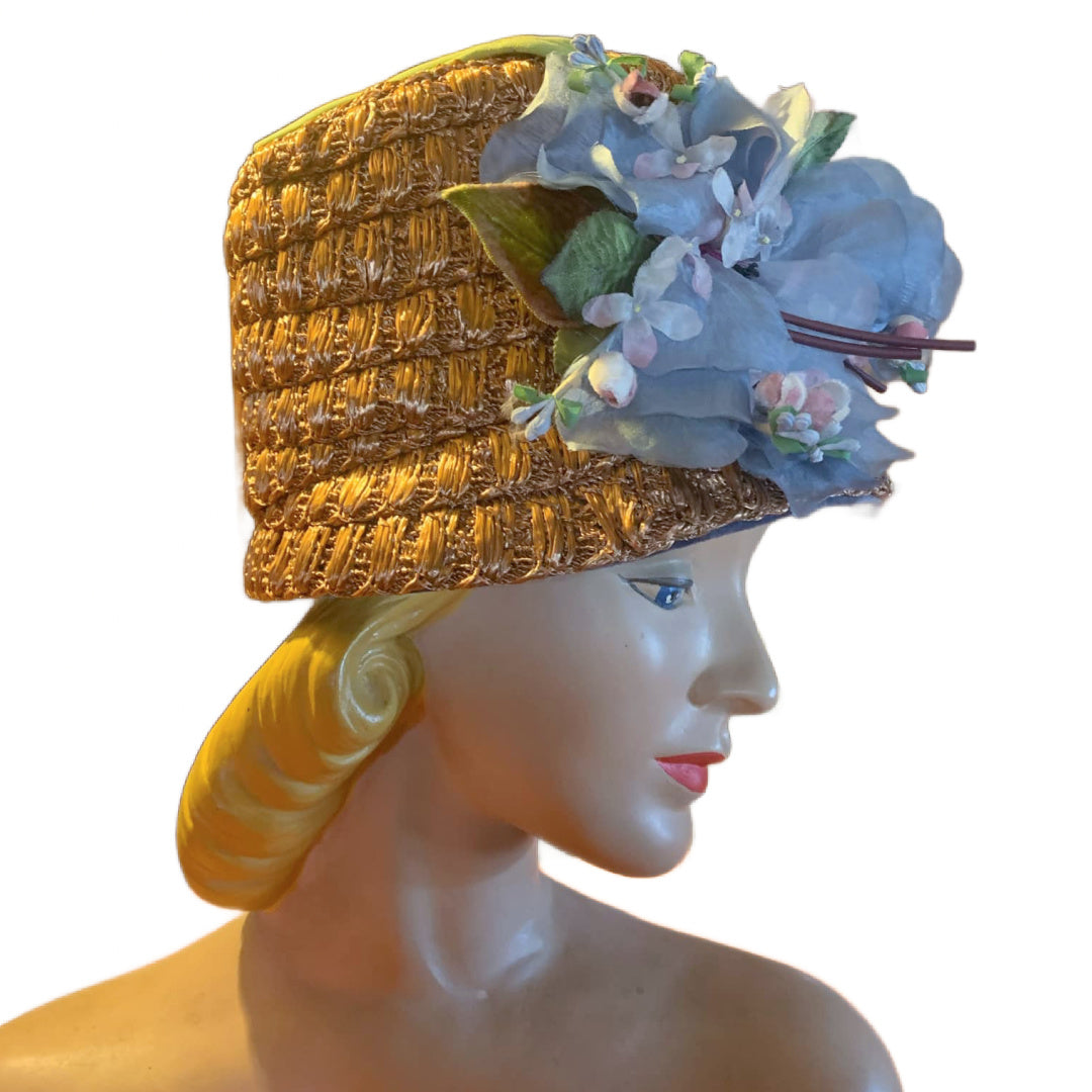 Whimsical Cafe au Lait Sisal Bucket Hat with Lavender Iris circa 1960s