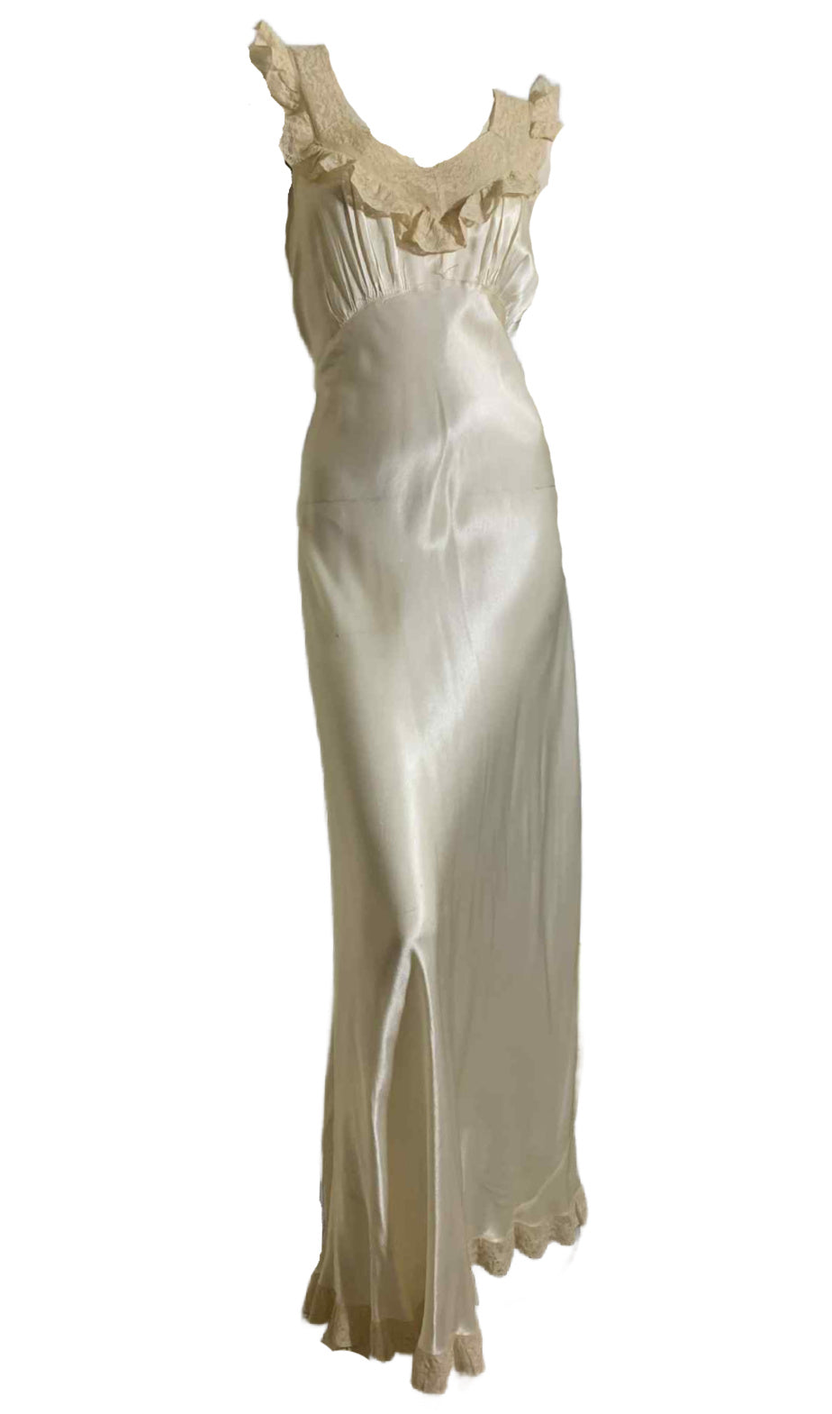 Luscious Ivory Bias Cut Satin Nightgown with Lace Ruffles circa 1940s S/M