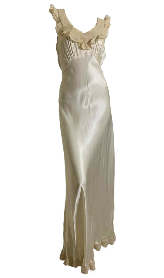 Luscious Ivory Bias Cut Satin Nightgown with Lace Ruffles circa 1940s S/M