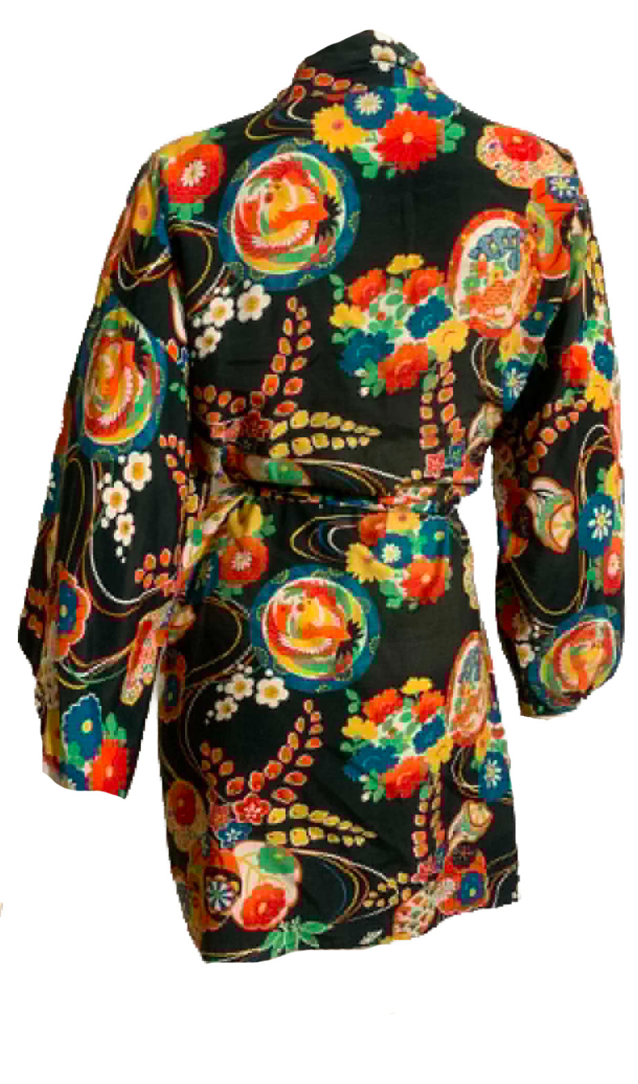 Japanese Bird and Flower Print Black Rayon Robe circa 1940s