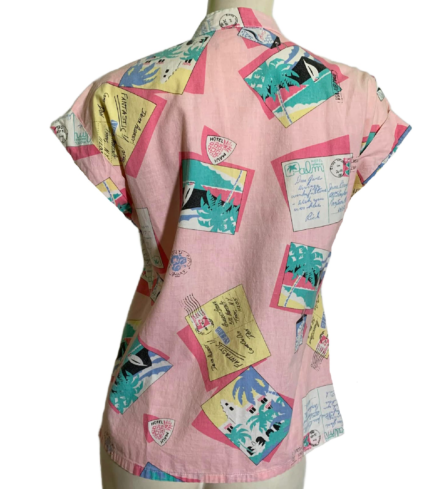 Pastel Pink Post Card Print Cotton Blouse circa 1980s