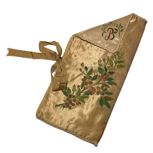 Ivory Silk Lingerie Keeper with Purple Painted Flowers & Ribbons circa 1890s