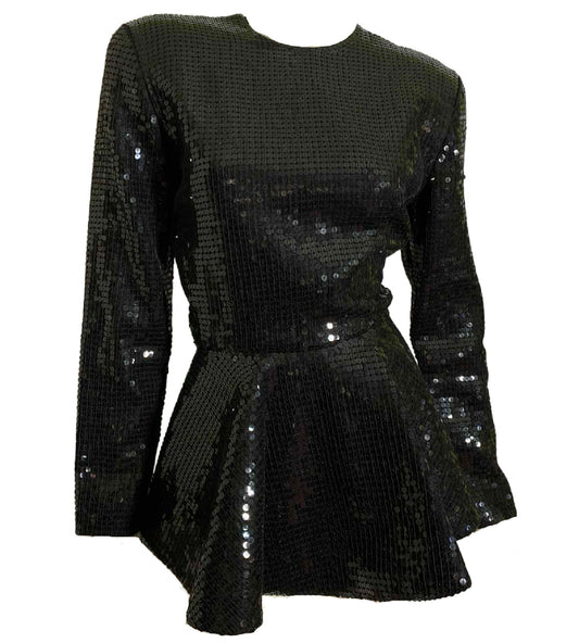40s Inspired Black Sequined Peplum Blouse with Shoulder Pads circa 1980s