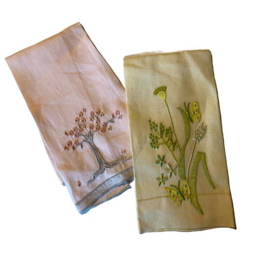 French Knot Flower and Tree Designed Handkerchiefs Lot 2 circa 1940s
