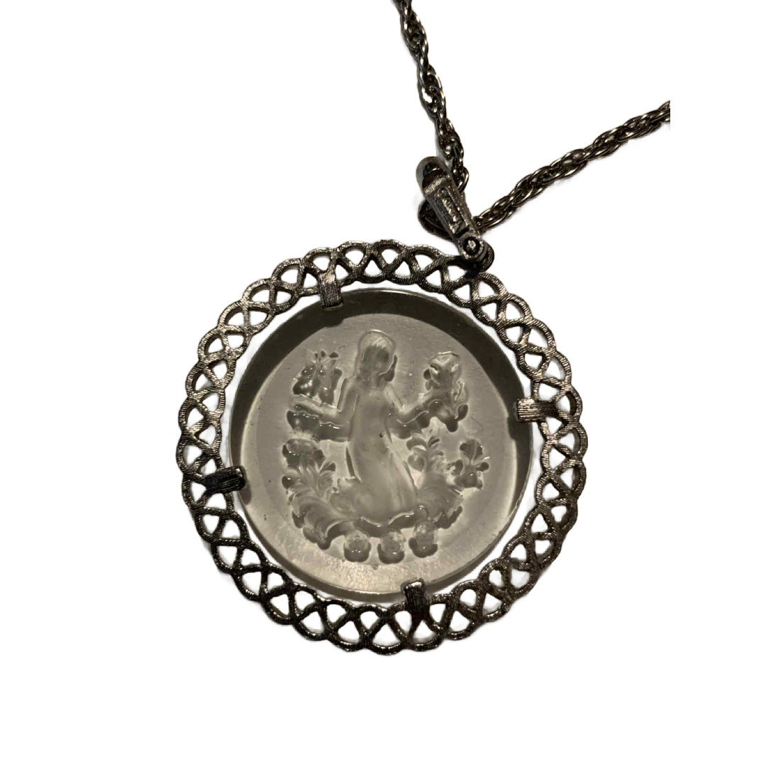 Reverse Carved Lucite Pendant Necklace Aphrodite in Spring circa 1960s
