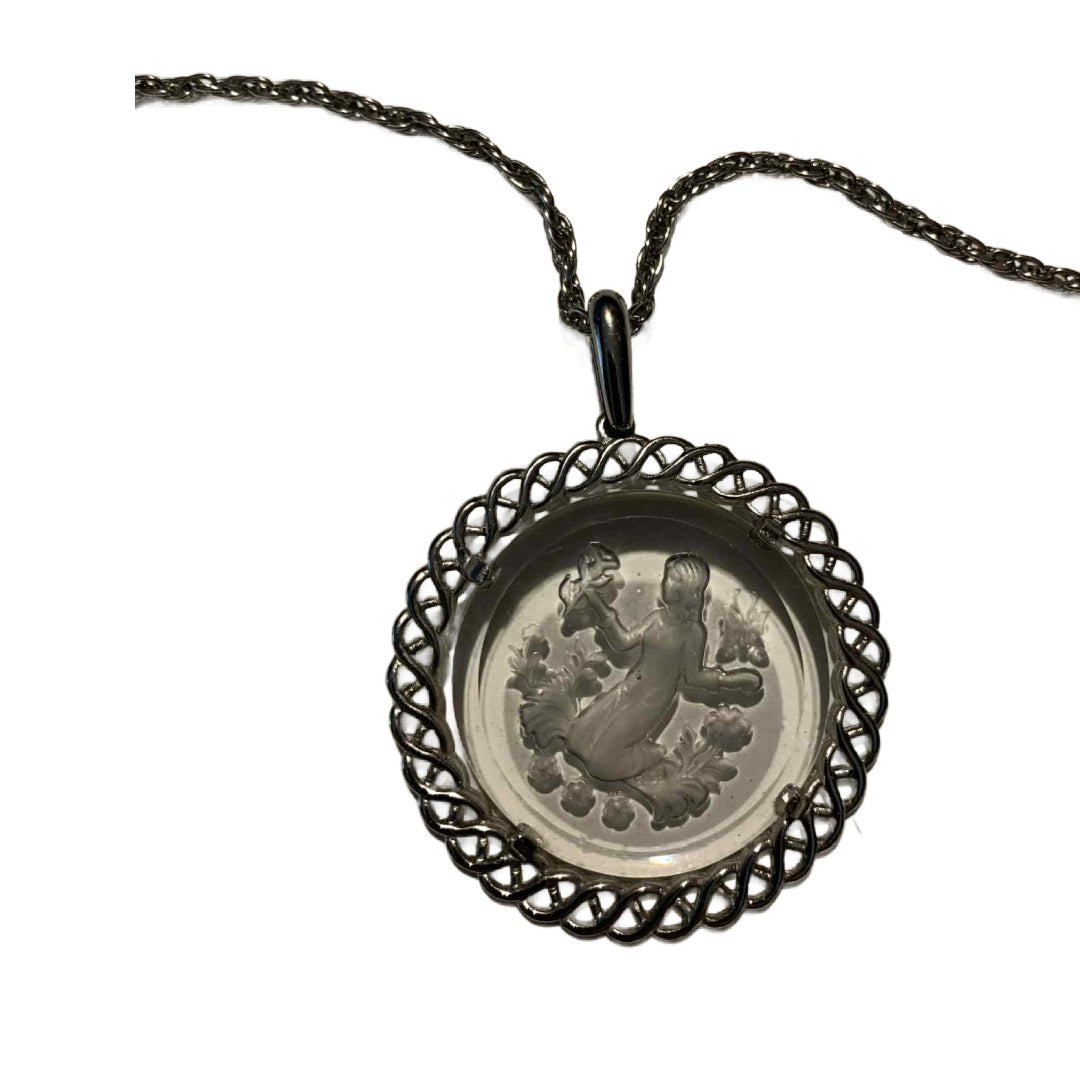 Reverse Carved Lucite Pendant Necklace Aphrodite in Spring circa 1960s