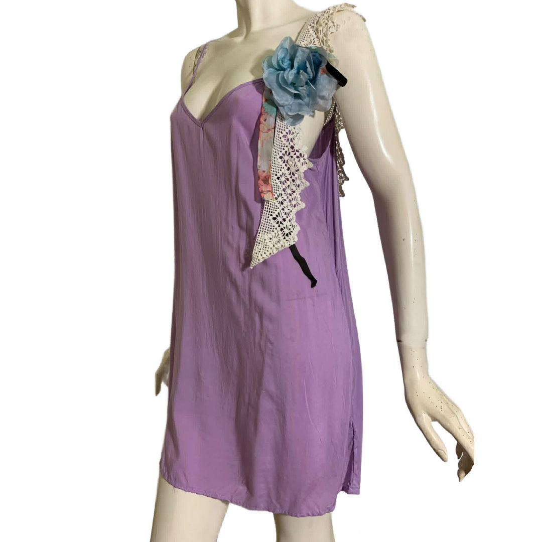 Pageant Girl Lavender Reimagined Cotton Slip Dress with Vintage Millinery, Lace and Ribbons