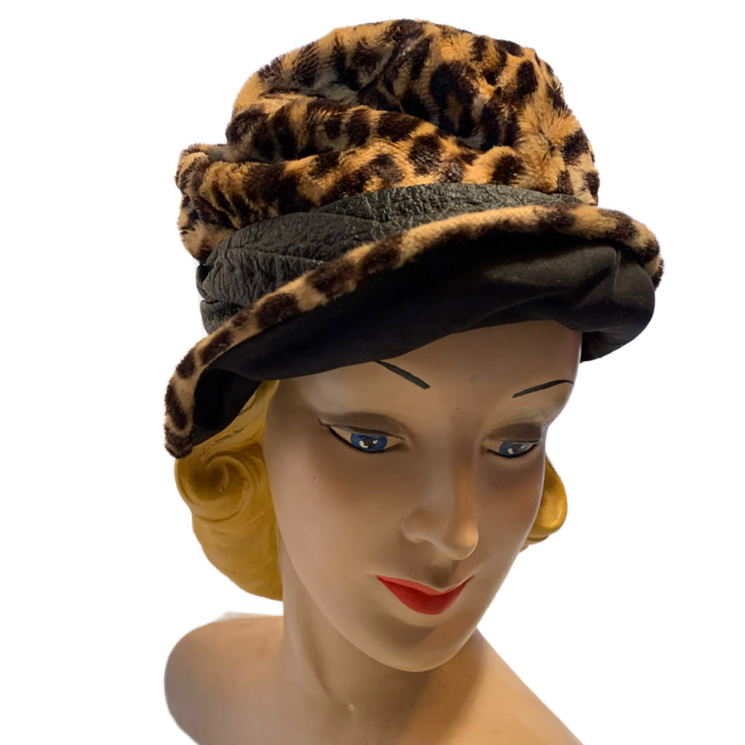 Faux Leopard Print Rock Star Slouch Hat Wired Brim circa 1960s