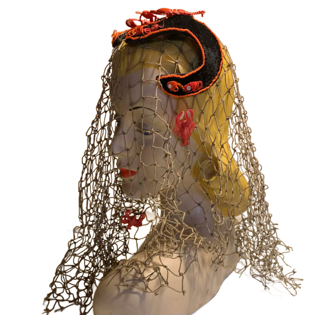 Hello Dali Reimagined Black Velvet Cocktail Hat with Beads, Feathers and Lobsters