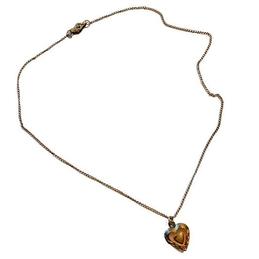 Diminutive Etched Heart Locket on Fine Golden Chain Necklace circa 1950s