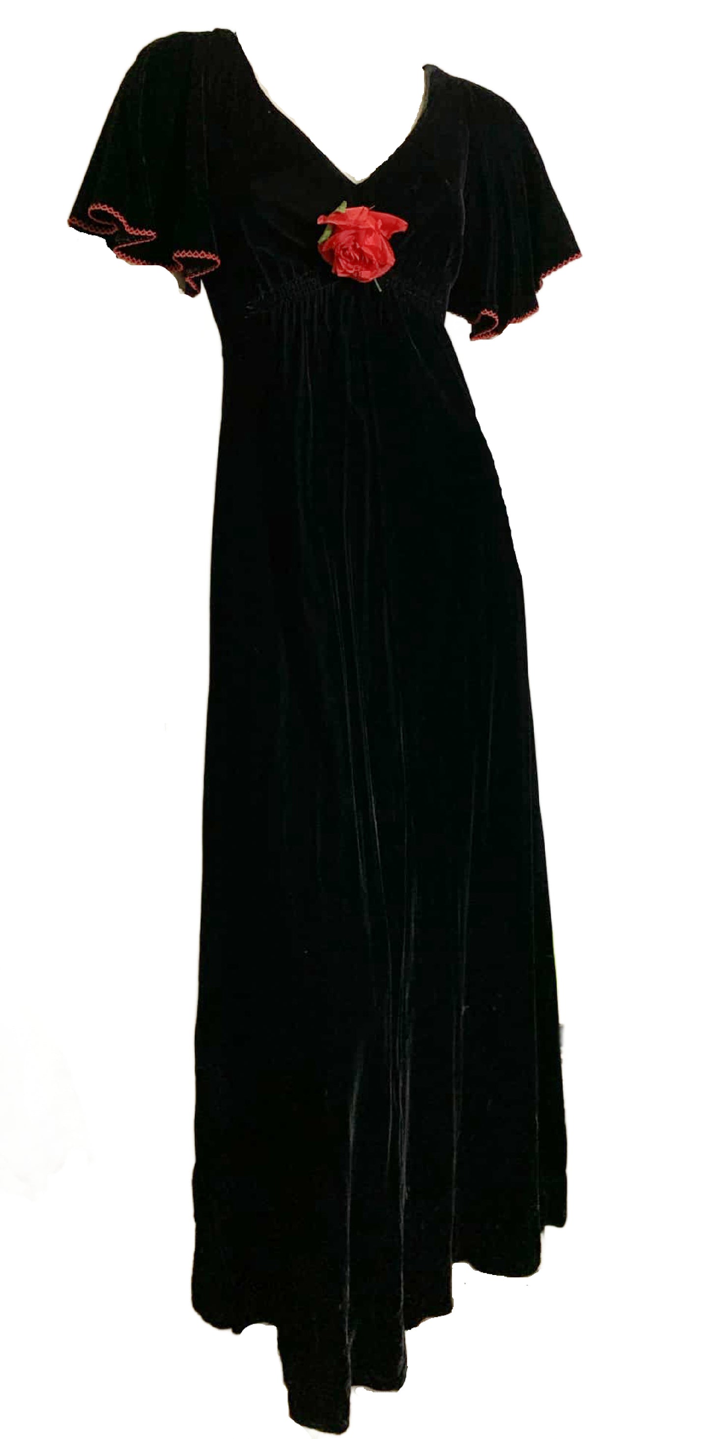 Love Witch Black Velvet Dress Red Rose & Top Stitch circa 1970s