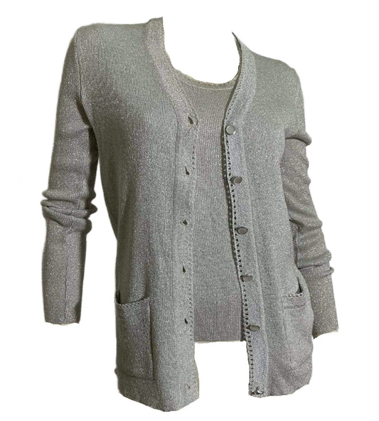 Metallic Silver Knit Cardigan and Sleeveless Shell Twinset circa 1970s