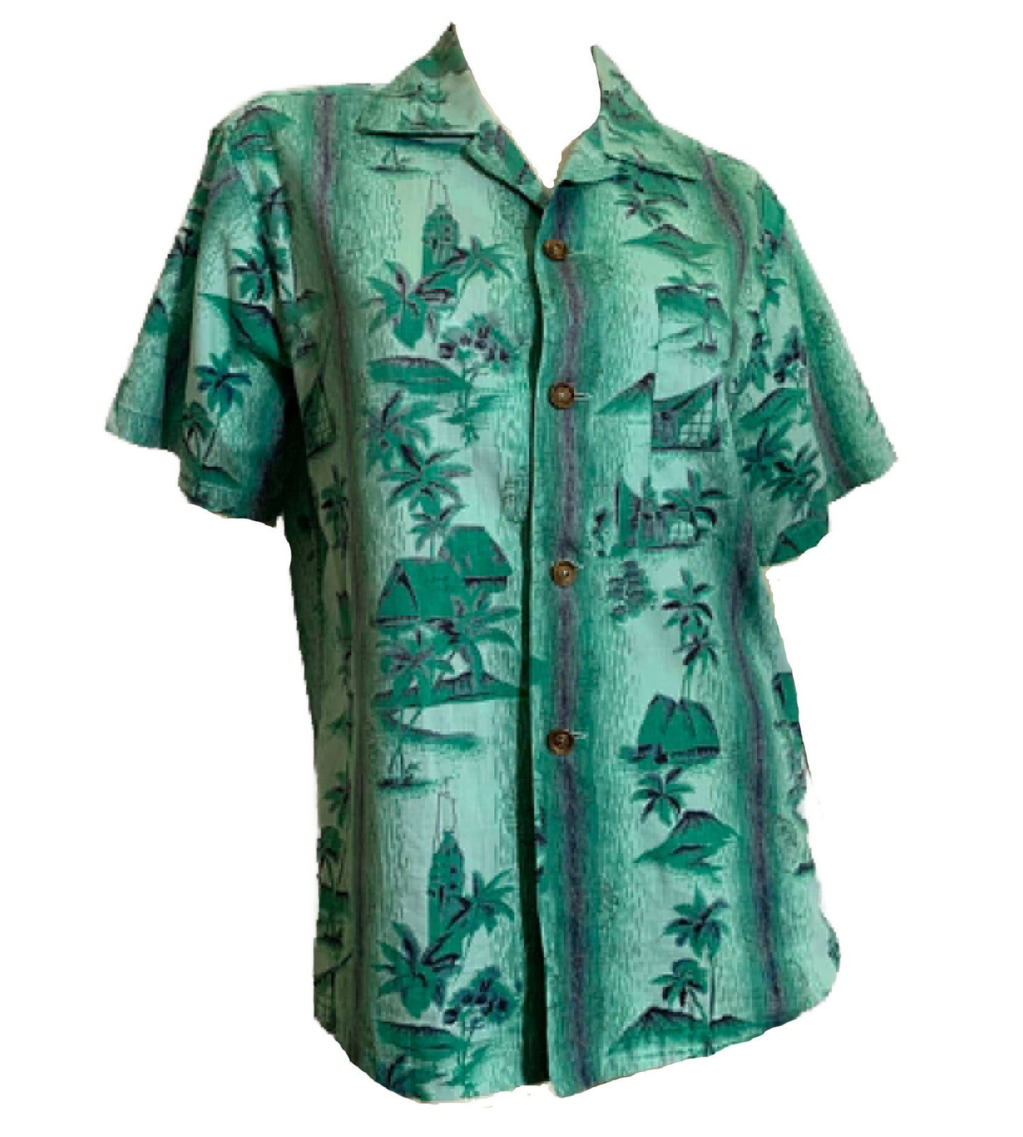 Hawaiian Print Men's Shirt Bronze Colored Buttons circa 1940s