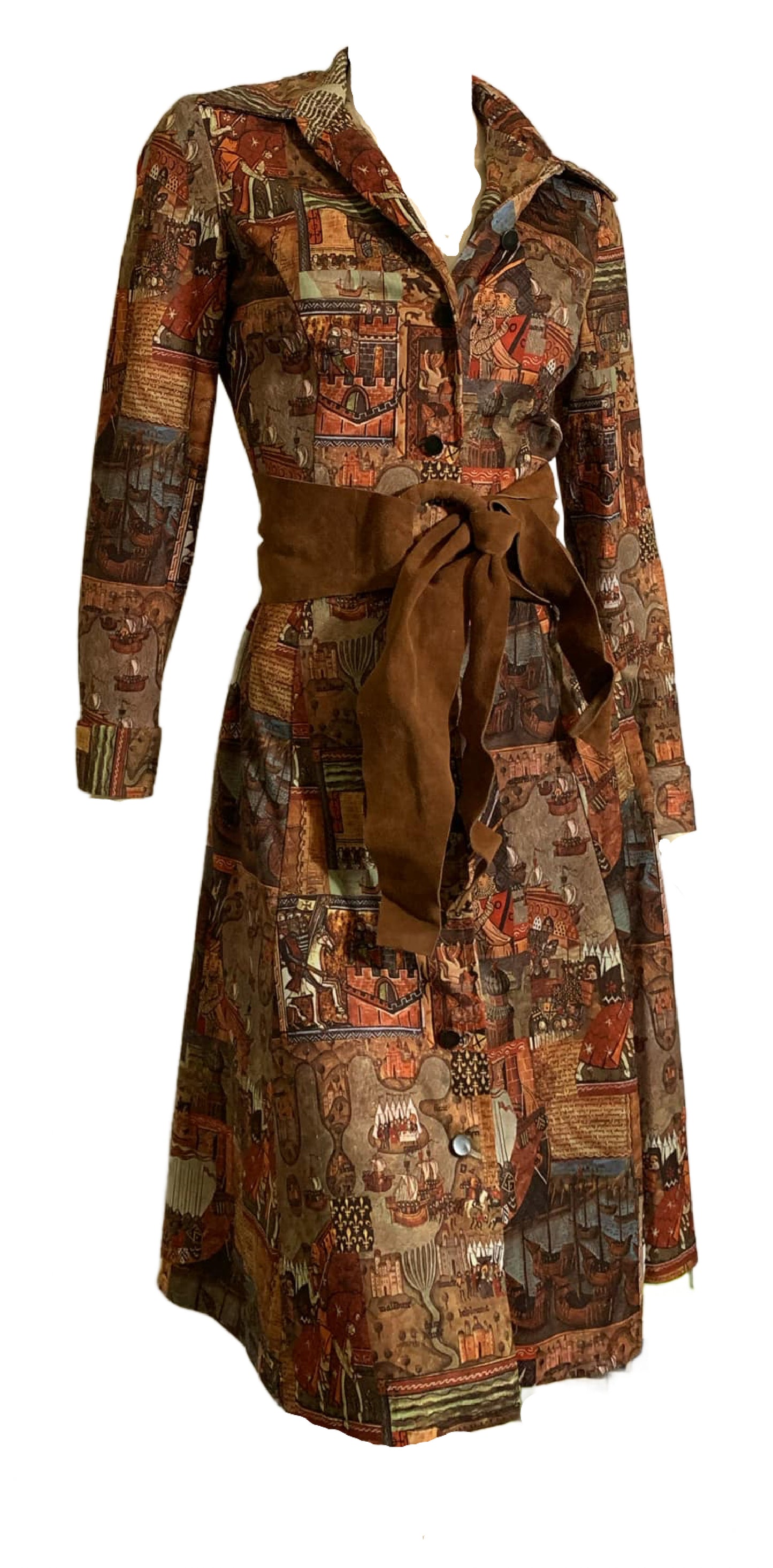 Incredible Medieval Crusades Novelty Print Dress circa 1970s