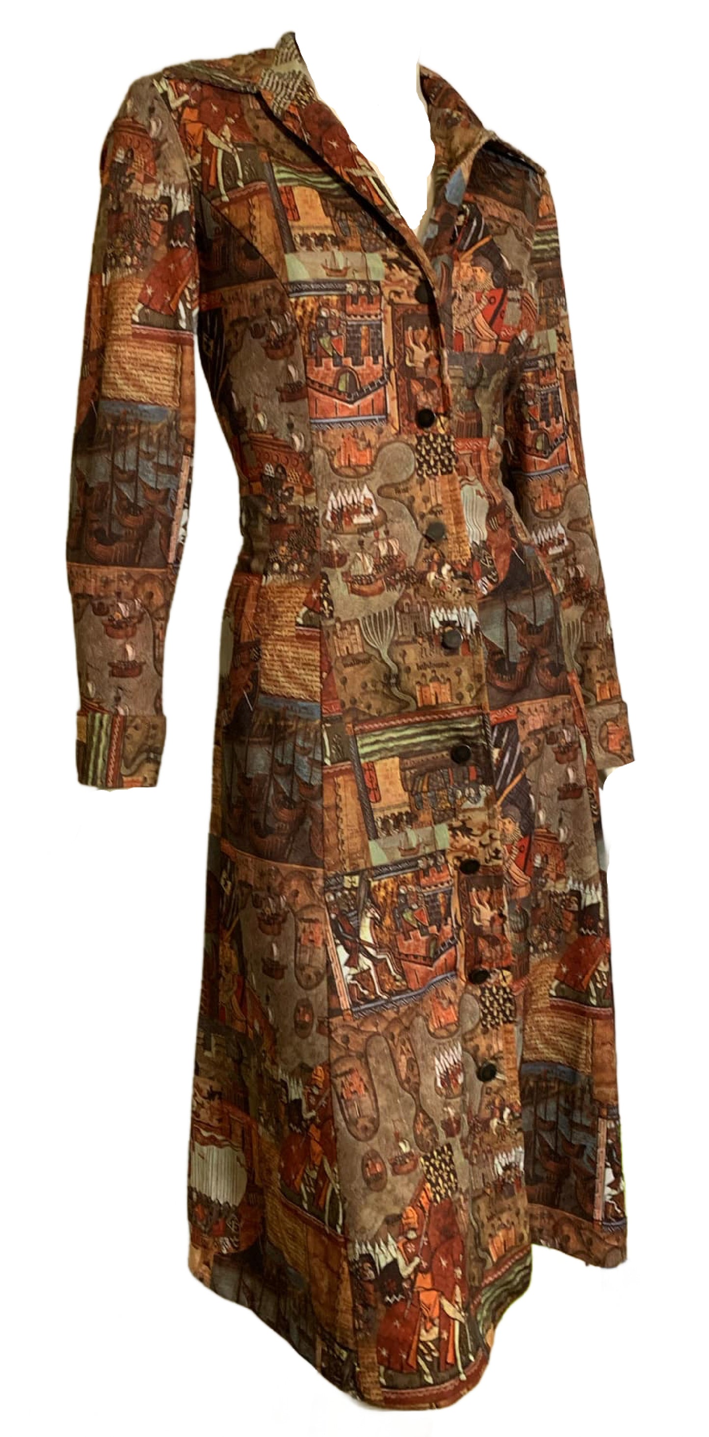 Incredible Medieval Crusades Novelty Print Dress circa 1970s