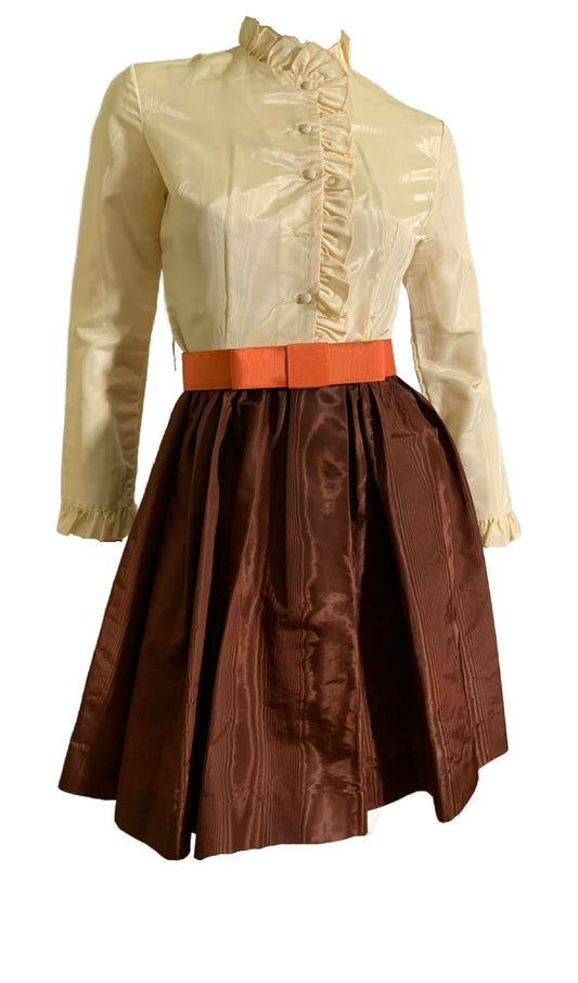 Moire Taffeta Brown and Ivory Mini Dress with Orange Bow Belt circa 1970s