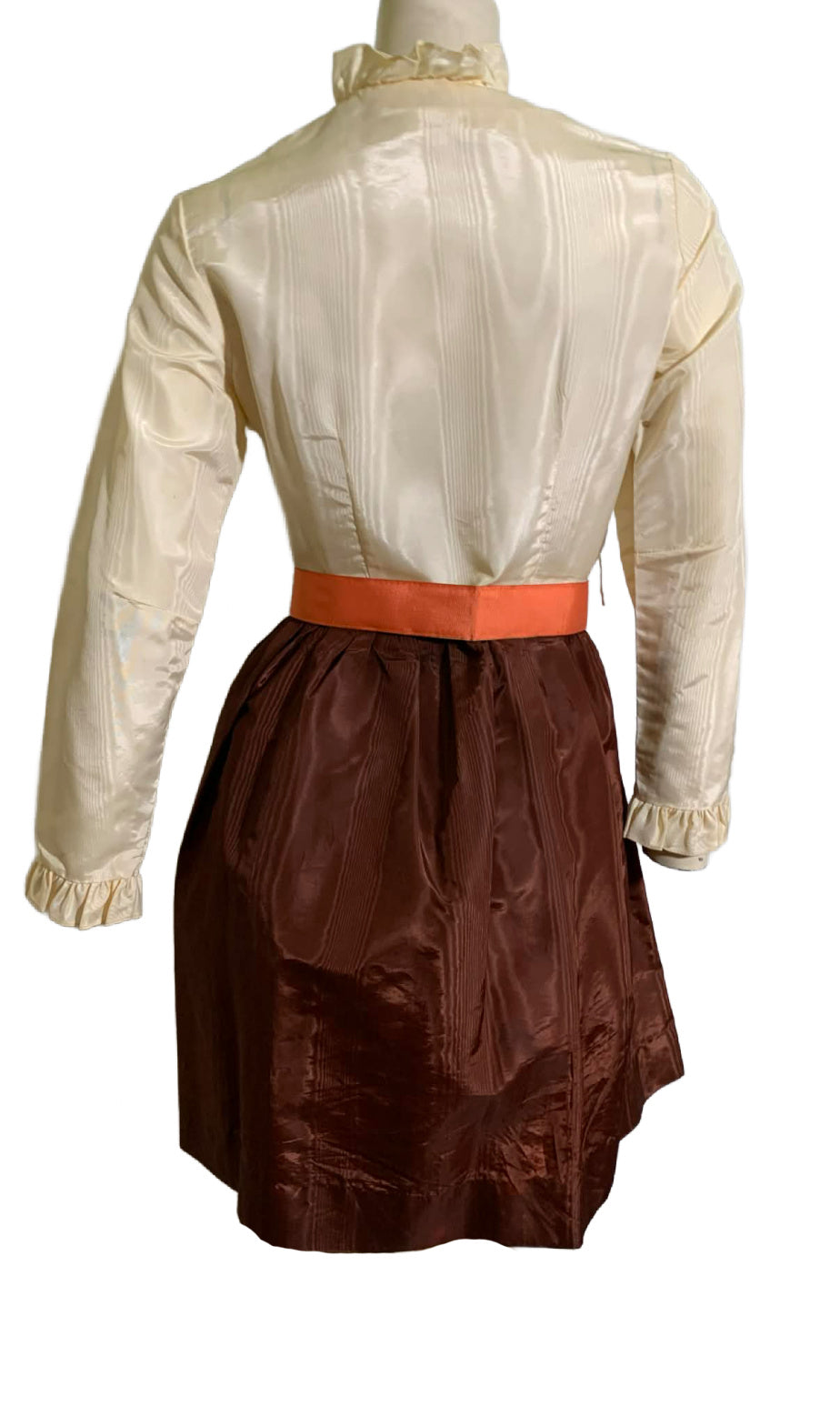 Moire Taffeta Brown and Ivory Mini Dress with Orange Bow Belt circa 1970s