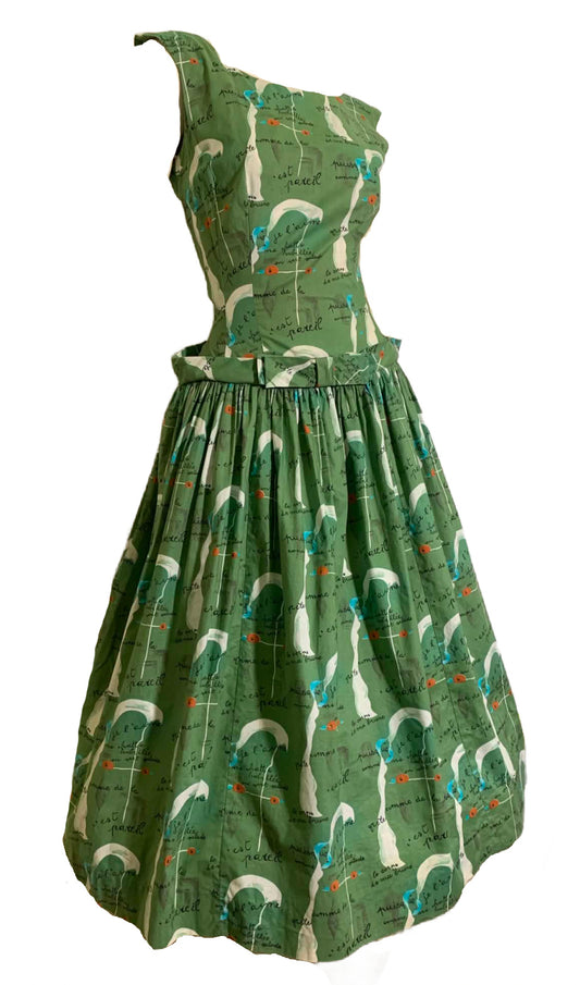 Rare Joan Miró Painting-Poem Art Print Fuller Fabrics Cotton Dress circa 1950s