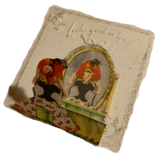 Cellophane Woman In Mirror Folding Birthday Card 1940s