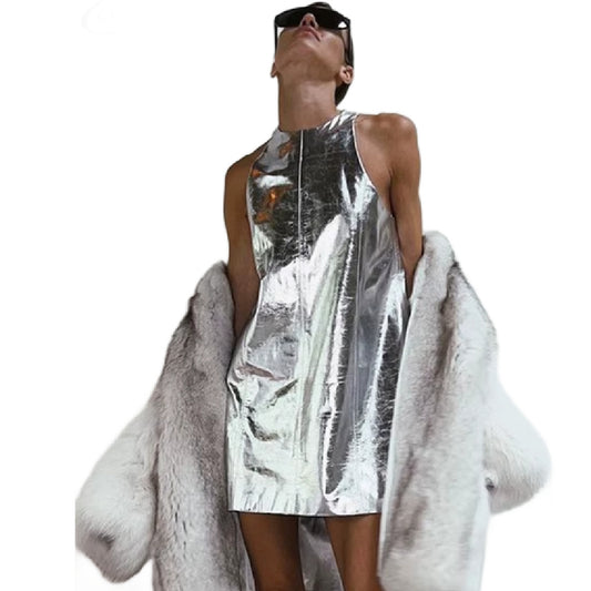 Giselle- the Metallic Silver 60s Style Modern Mini Dress