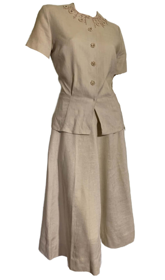 Irish Linen 2 Piece Dress Set with Beads and Rhinestones circa 1960s