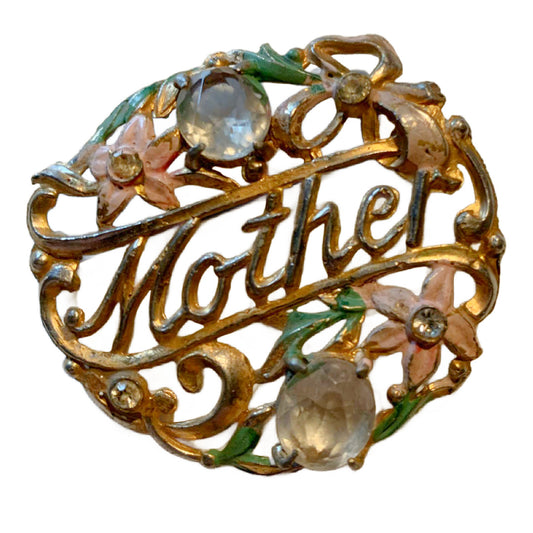 Mother Brooch with Pastel Flowers and Clear Glass Brooch circa 1930s