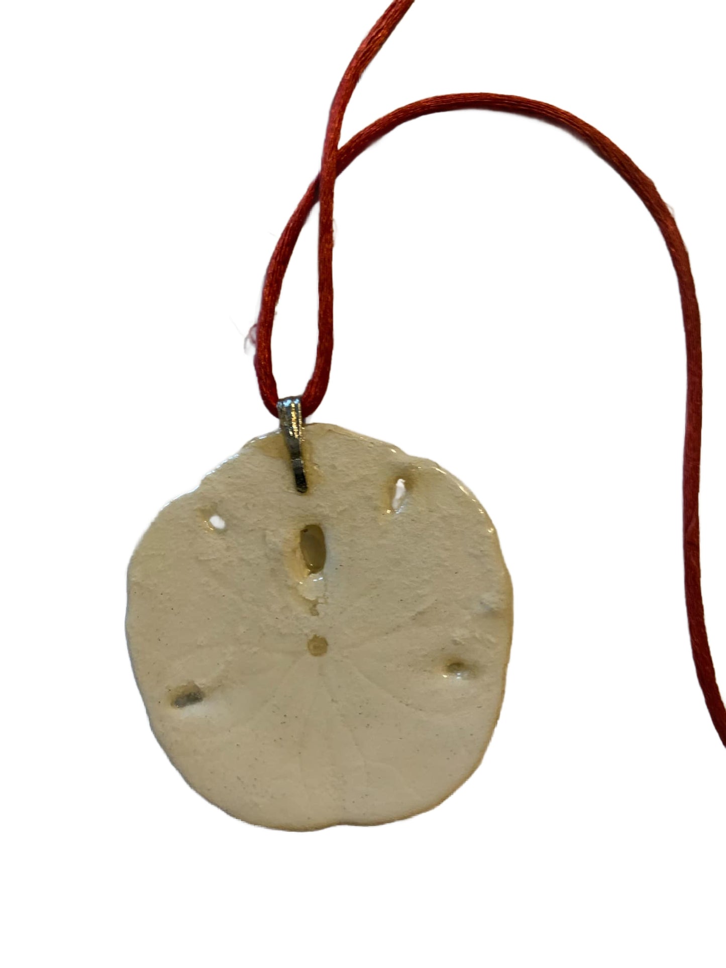 Blue Bird Sand Dollar Necklace on Red Silk Cord circa 1970s