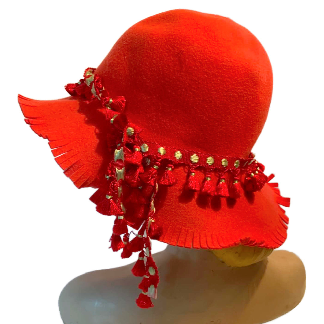 Citrus Orange Felted Wool with Fringe Edges Pom Pom Trim circa 1970s
