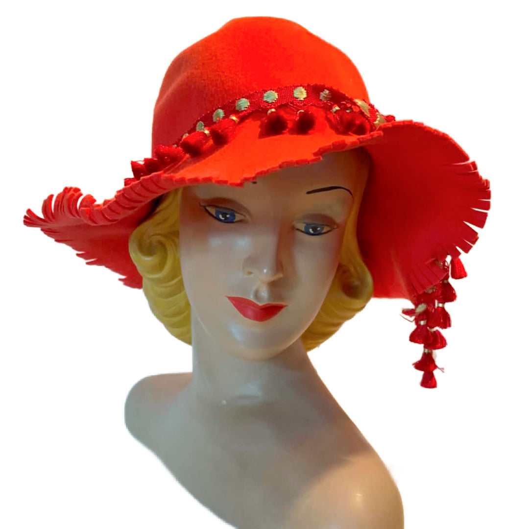 Citrus Orange Felted Wool with Fringe Edges Pom Pom Trim circa 1970s